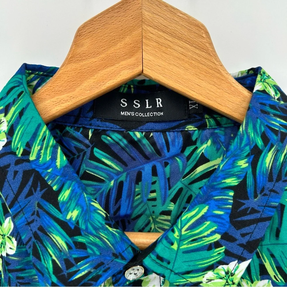 SSLR Aloha Hawaiian Camp Shirt Men's XL‎ Blue Vibrant Floral Pattern EUC